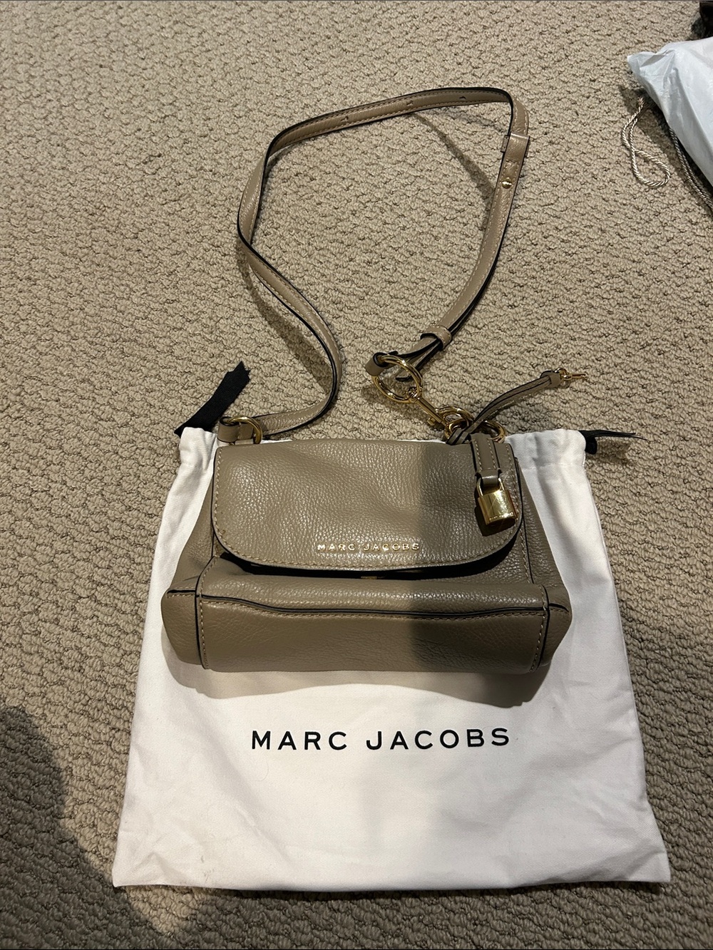 Marc Jacobs Pebbled Taupe Leather Crossbody with Gold Padlock